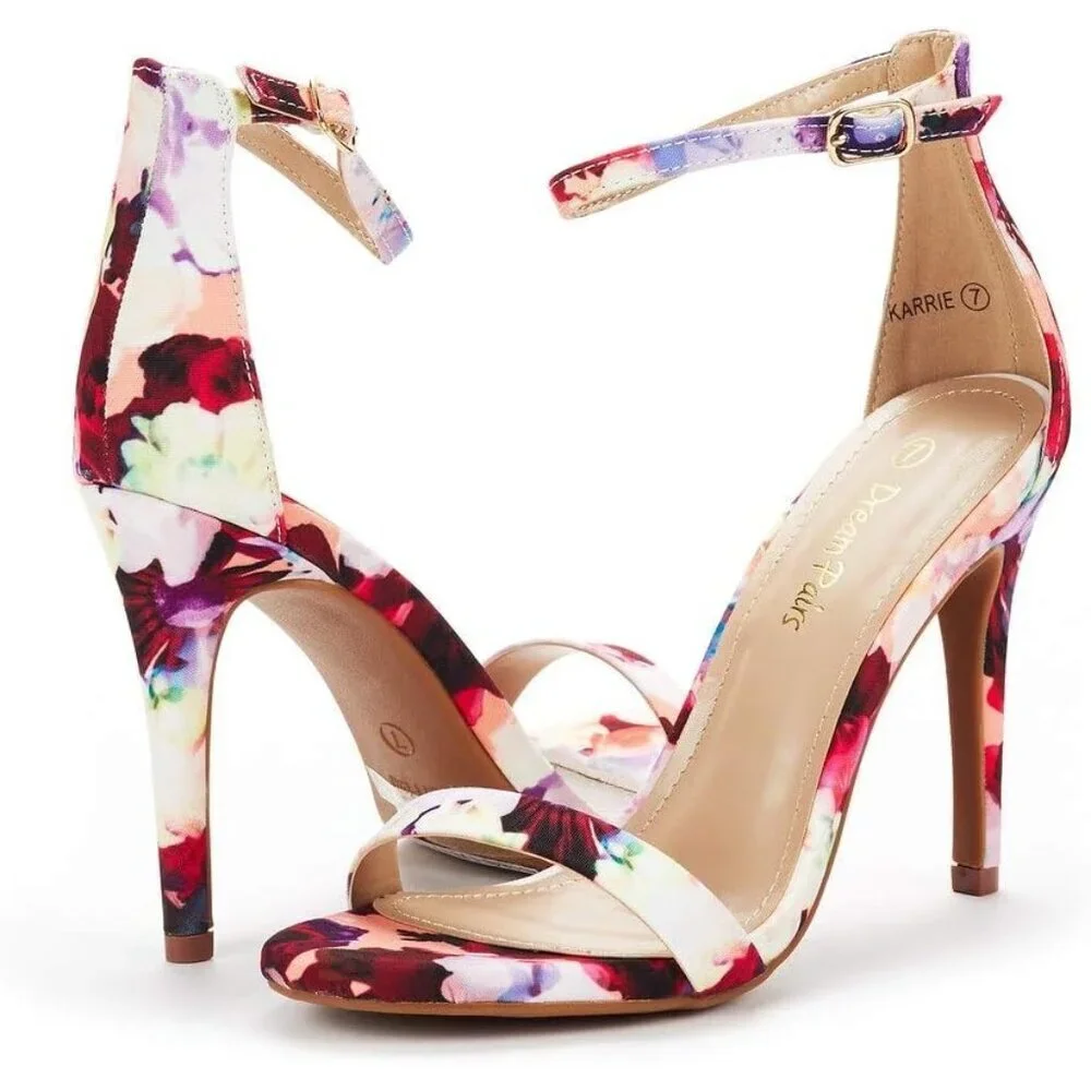 Women's Floral Flower Ankle Strap Stiletto Round Open Toe Stylish Heel Shoe